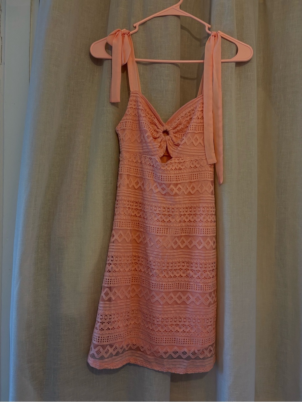 Spoiled Peach-Pink Crochet Tie-Shoulder Mini Dress